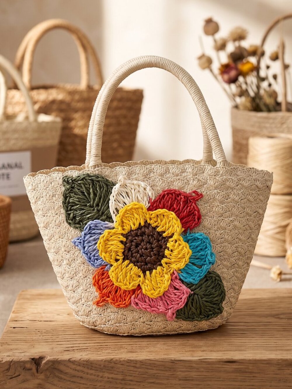 Boho Sunflower Woven Straw Tote Bag - Handmade Crochet Floral Summer Beach Handb
